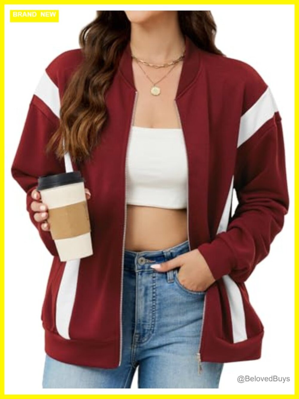 Women's Zip Up Bomber Jacket Long Sleeve Casual Coat with Pockets